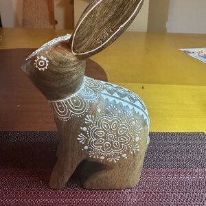 8” Wooden Rabbit Figurine with White Design